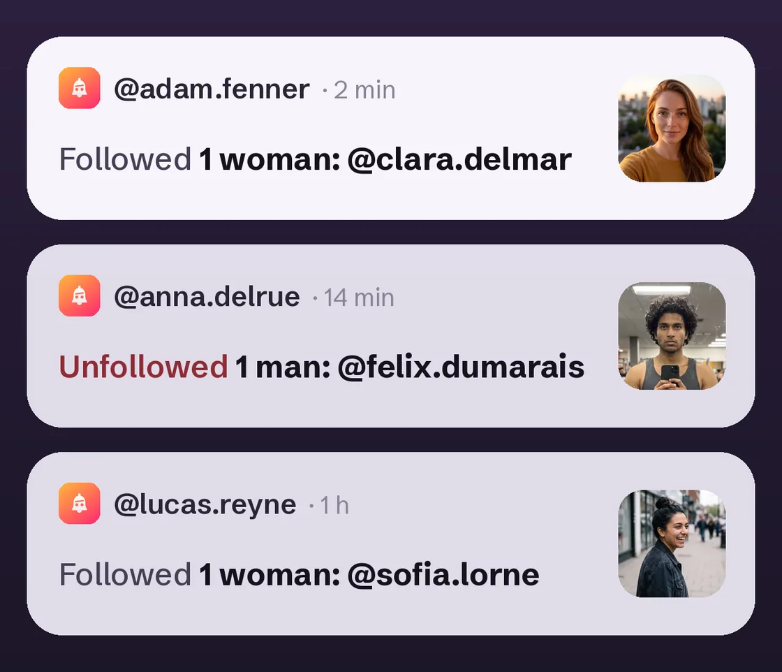 Three FollowBell notifications: followed one woman, unfollowed one man, followed one woman.