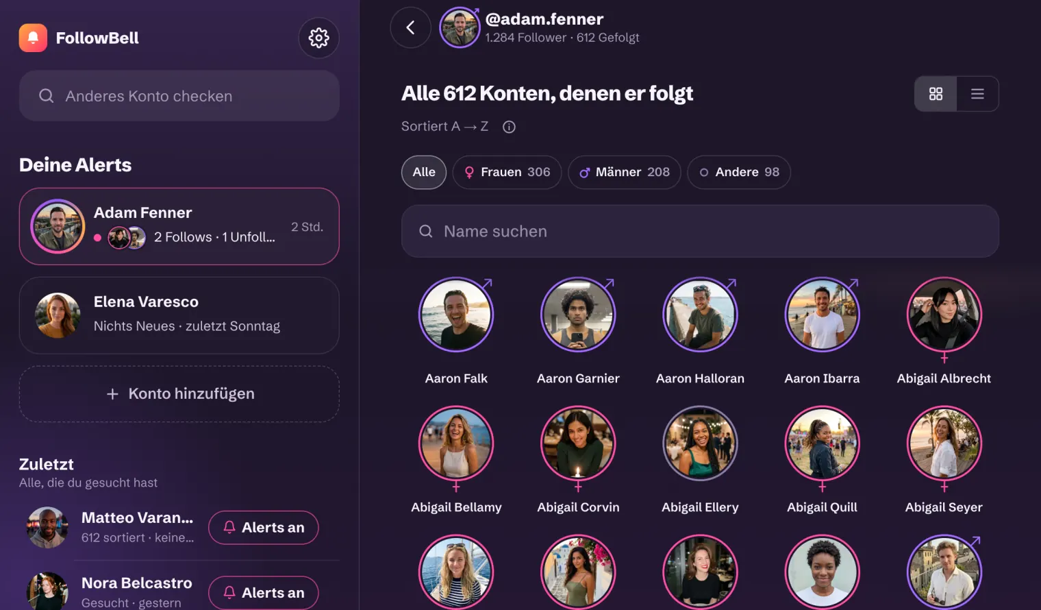 FollowBell am Computer: links die Konten mit Alerts, rechts jedes Konto, dem @adam.fenner folgt, mit Gesichtern