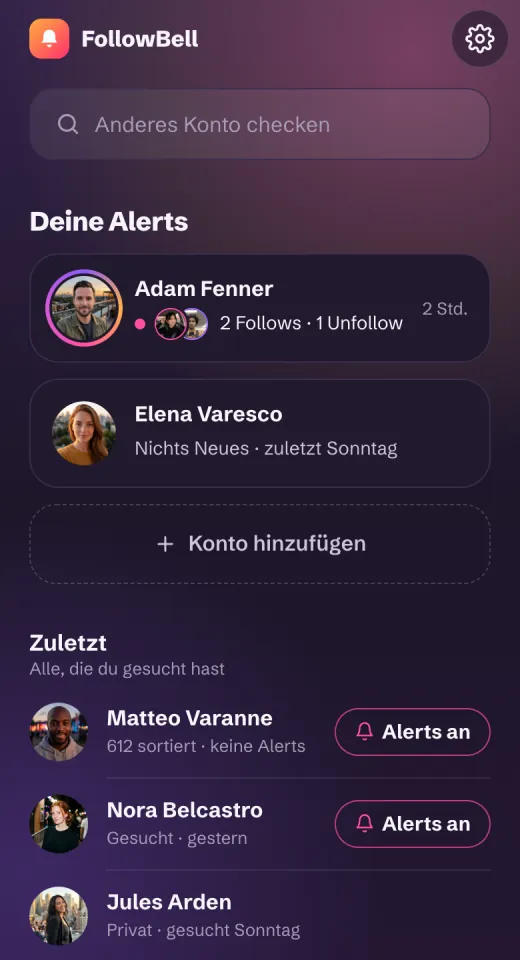 FollowBell im Browser eines Handys: die Konten mit Alerts, darunter alle, die du gesucht hast