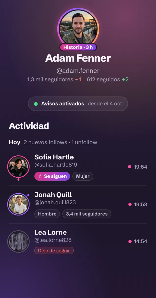 Avisos de @adam.fenner en FollowBell: hoy siguió a Sofia Hartle, que lo sigue de vuelta, y a Jonah Quill, y dejó de seguir a Lea Lorne