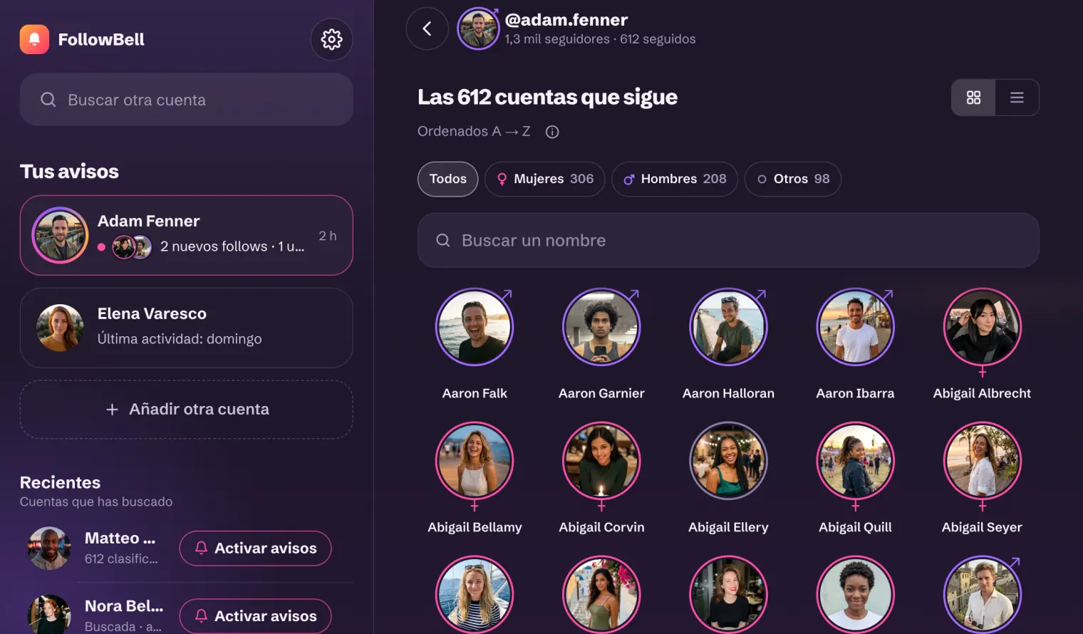 FollowBell en una computadora: a la izquierda, las cuentas con avisos; a la derecha, todas las cuentas que sigue @adam.fenner, con sus caras