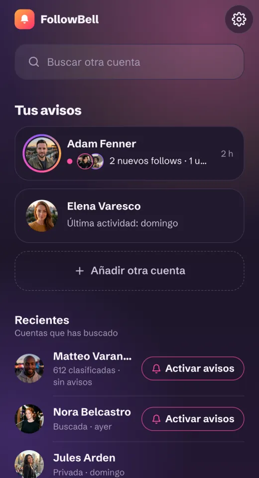 FollowBell en el navegador de un teléfono: las cuentas con avisos y, debajo, todas las que buscaste