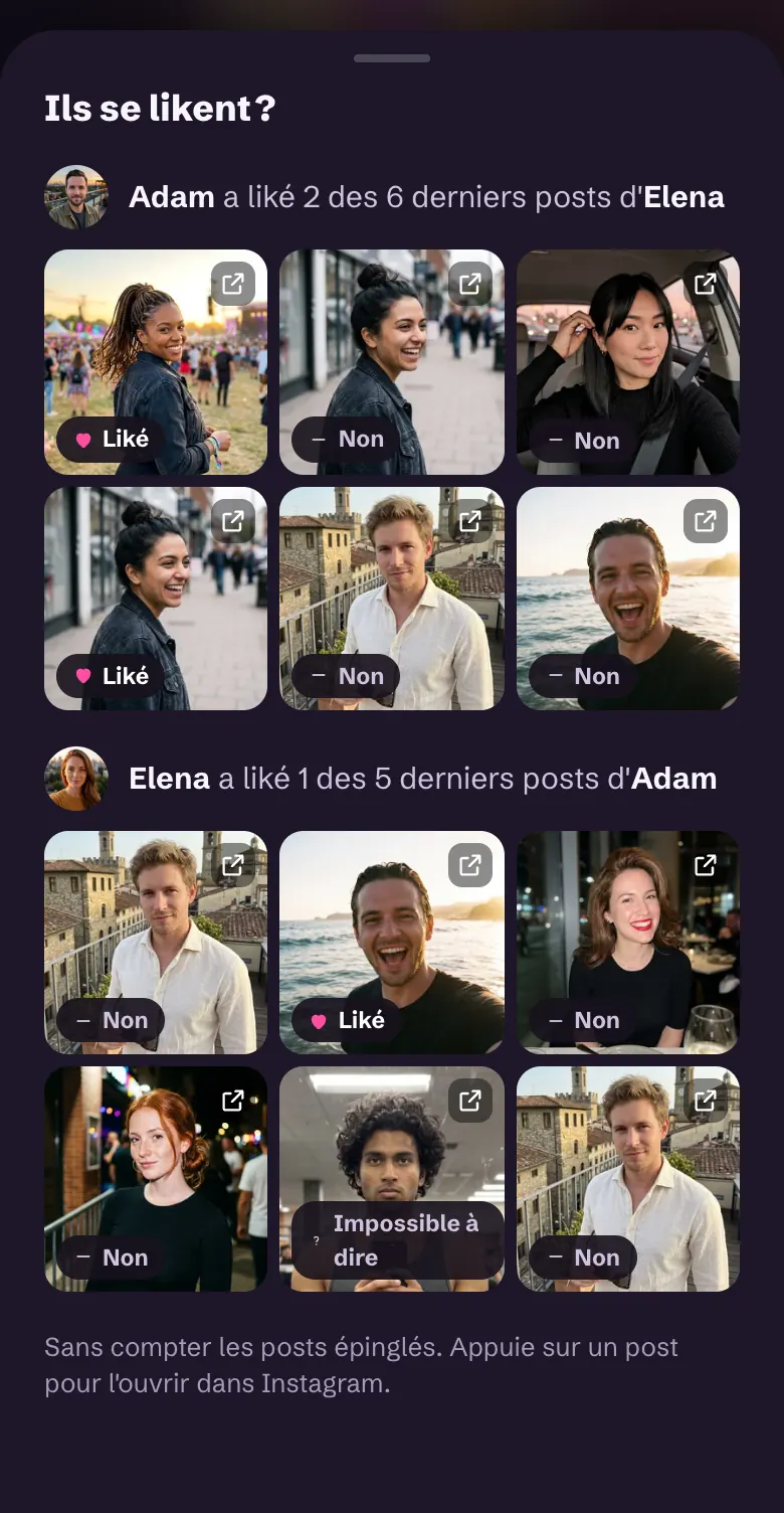 Ils se likent ? Adam a liké 2 des 6 derniers posts d'Elena, Elena 1 des 5 derniers posts d'Adam. Chaque post est marqué Liké, Non ou Impossible à dire.