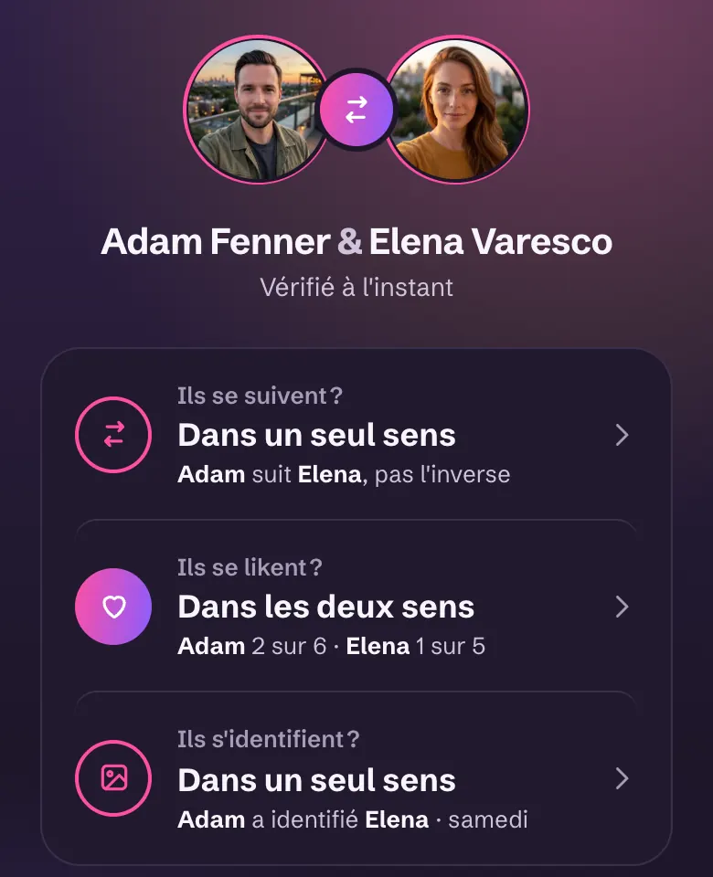 Adam Fenner et Elena Varesco comparés : un seul suit l'autre, chacun like les posts de l'autre, un seul identifie l'autre