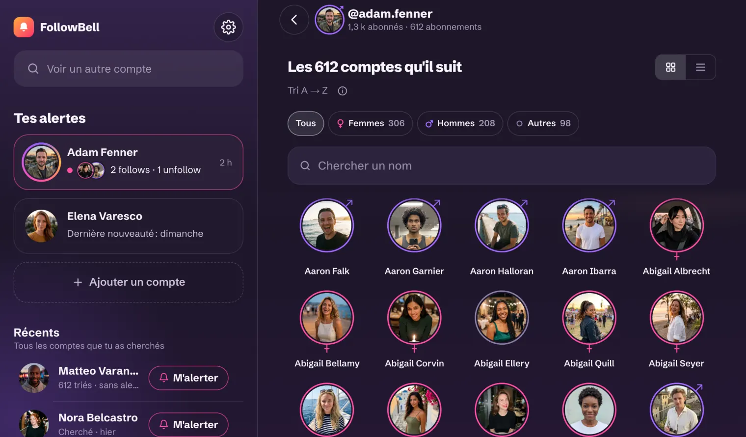 FollowBell sur ordi : tes alertes à gauche, tous les comptes que suit @adam.fenner à droite, avec les visages