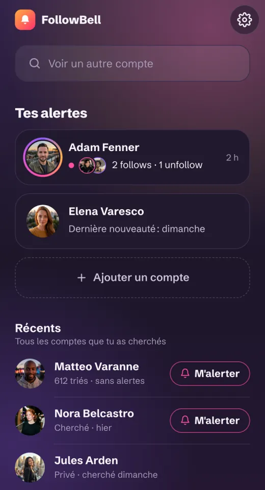FollowBell dans le navigateur d'un téléphone : tes alertes, puis tous les comptes que tu as cherchés