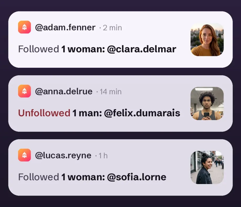 Drei Benachrichtigungen: folgt @clara.delmar, entfolgt @felix.dumarais, folgt @sofia.lorne