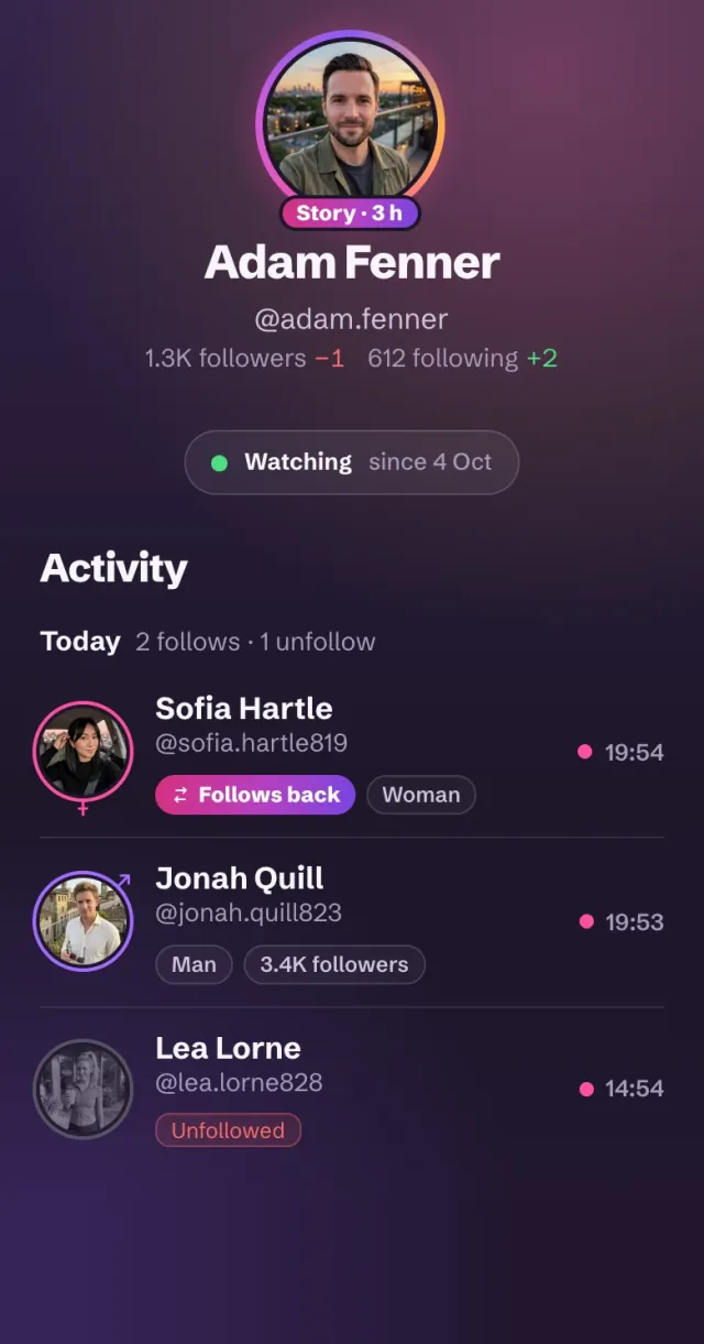 Watching @adam.fenner in FollowBell: today he followed Sofia Hartle, who follows him back, and Jonah Quill, and unfollowed Lea Lorne