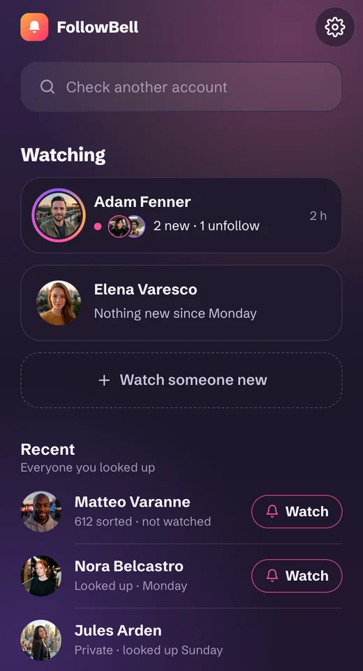 FollowBell in a phone's browser: the accounts you watch, then everyone you looked up