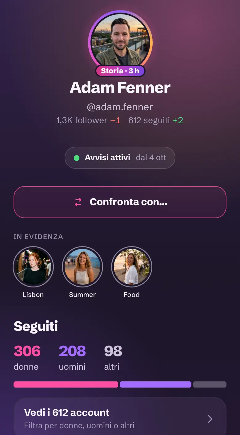 Il profilo di Adam in FollowBell, con le sue tre storie in evidenza: Lisbon, Summer e Food.