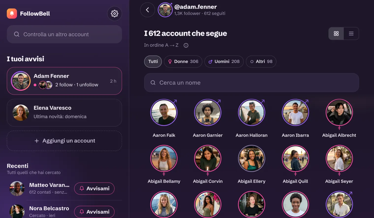 FollowBell sul computer: a sinistra gli account con gli avvisi attivi, a destra tutti gli account che segue @adam.fenner, con le facce
