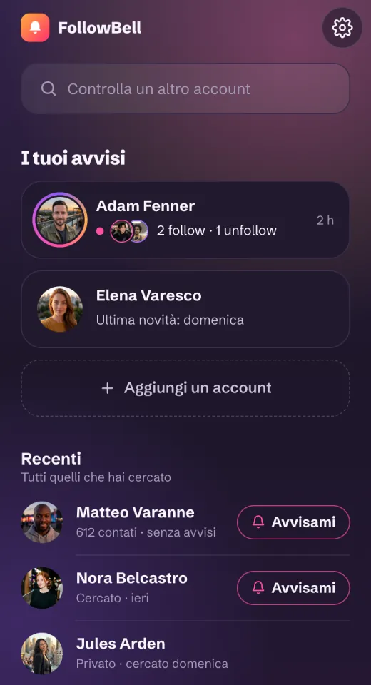 FollowBell nel browser di un telefono: gli account con gli avvisi attivi, poi tutti quelli che hai cercato