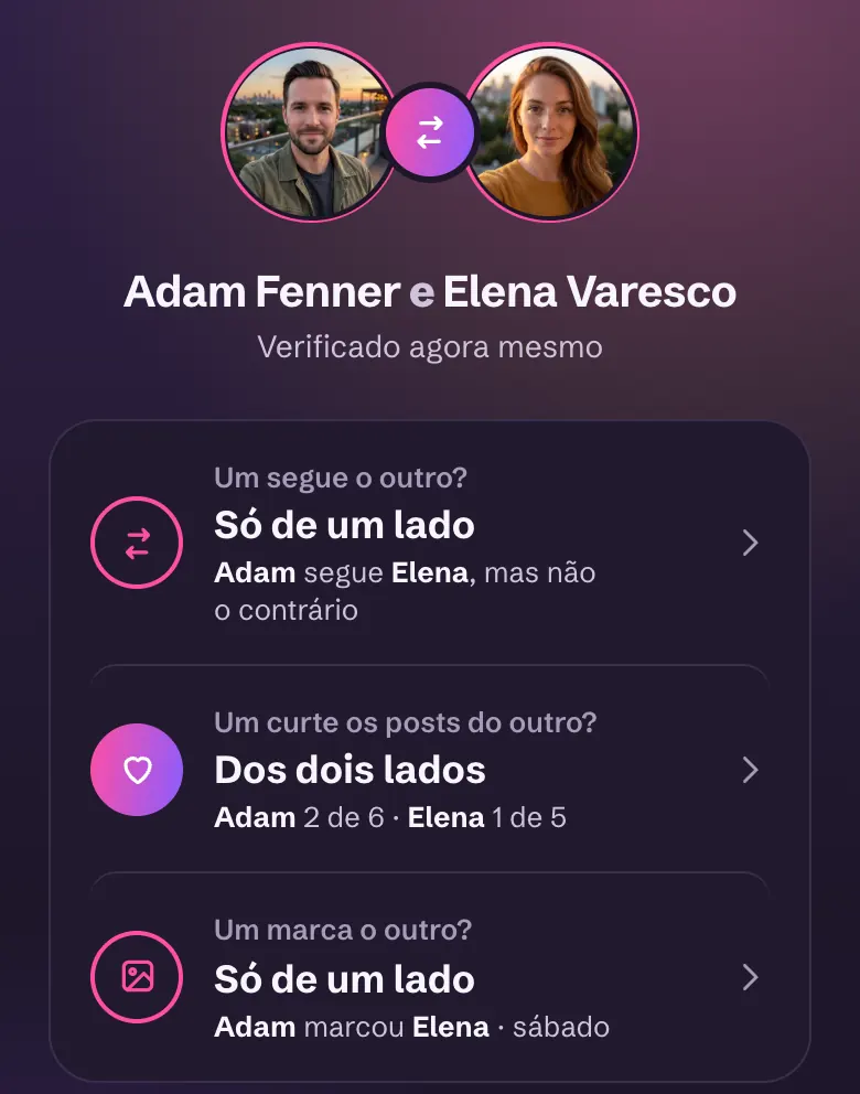 Adam Fenner e Elena Varesco comparados: só um segue o outro, os dois curtem os posts um do outro, só um marcou o outro