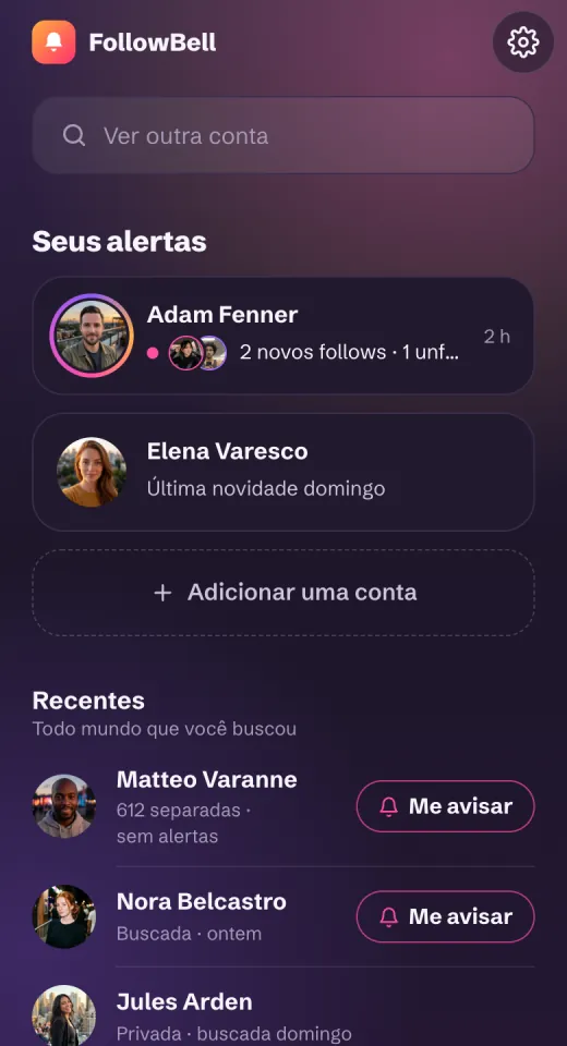 O FollowBell no navegador do celular: as contas com alertas, depois todas as contas que você buscou
