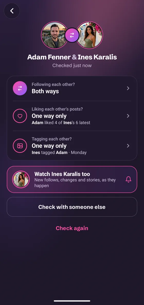 FollowBell answering three questions about two accounts: following each other, liking each other’s posts, tagging each other.