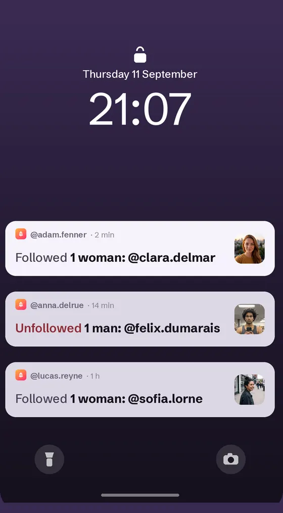 A phone lock screen showing three FollowBell notifications, two new follows and one unfollow.
