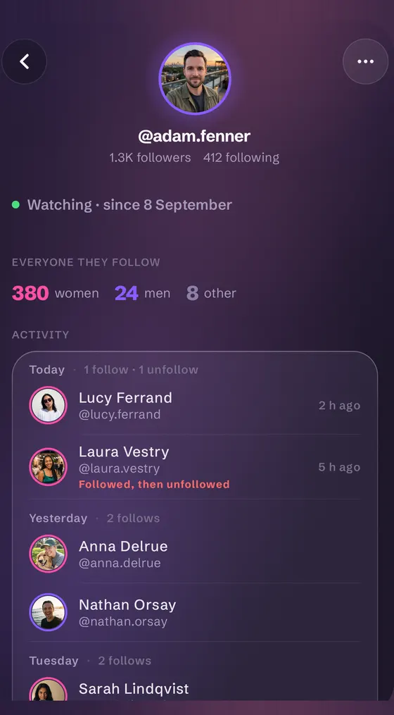 A FollowBell journal showing follows and unfollows day by day, including one marked followed, then unfollowed.