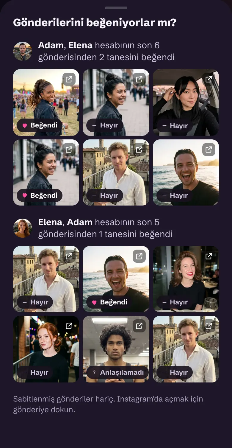 Gönderilerini beğeniyorlar mı? Adam, Elena hesabının son 6 gönderisinden 2 tanesini beğendi; Elena, Adam hesabının son 5 gönderisinden 1 tanesini. Her gönderi Beğendi, Hayır ya da Anlaşılamadı olarak işaretli.