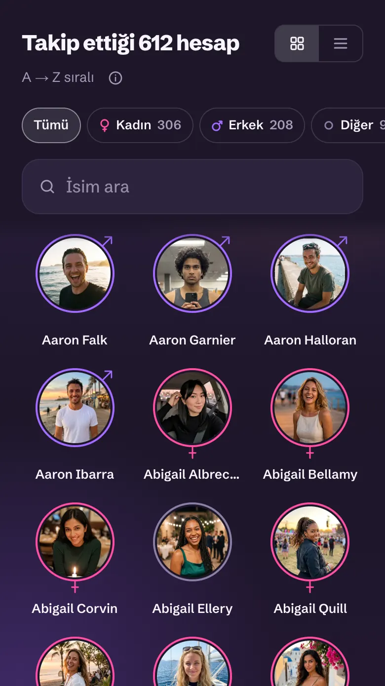 @adam.fenner'ın takip ettiği 612 hesabın tamamı, isimleri, yüzleri ve filtreleriyle: 306 kadın, 208 erkek, 98 diğer