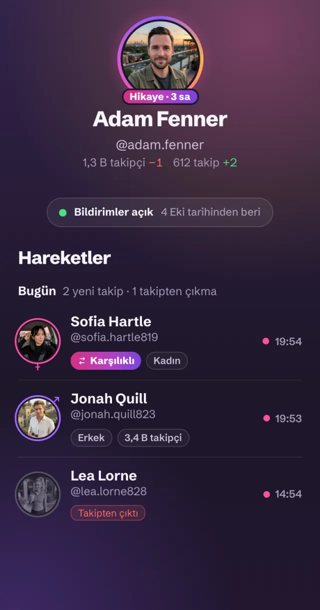 FollowBell'de @adam.fenner için bildirimler açık: bugün Sofia Hartle'ı (o da onu takip ediyor) ve Jonah Quill'i takip etti, Lea Lorne'u takipten çıktı