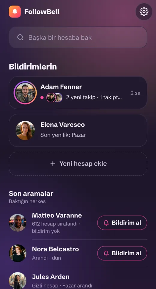 Telefon tarayıcısında FollowBell: bildirim açtığın hesaplar, altında baktığın herkes